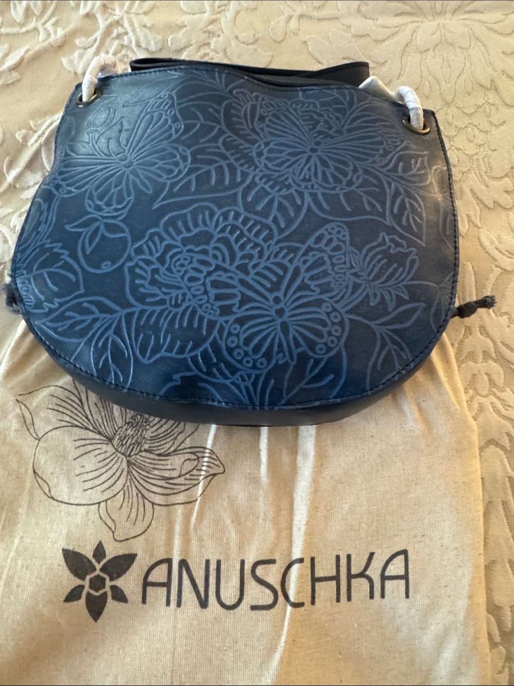 Anuschka Blue Floral & Butterfly Embossed Leather Shoulder Bag